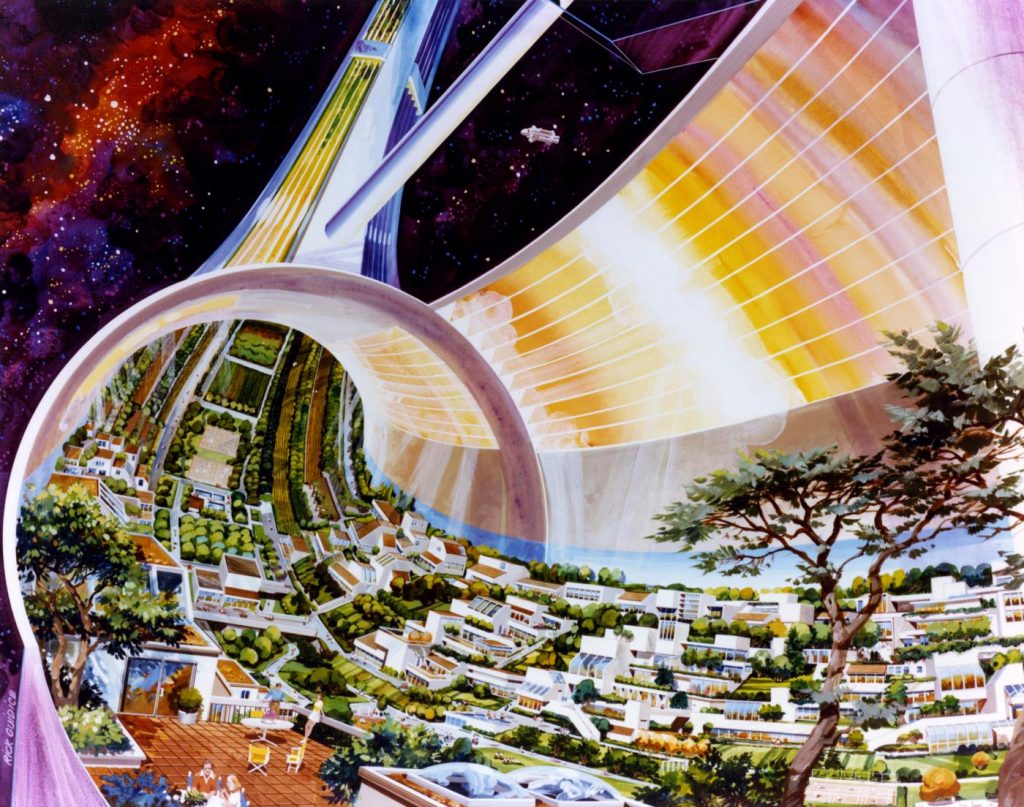 تصویری از سال 1970 میلادی که کمربند مسکونی انسان‌ها در فضا در آینده را نشان می‌دهد. استفاده از تفکر خطی، فقر در تفکر آینده و عدم توجه به سایر حوزه‌ها به خوبی در این تصویر دیده می‌شود. - آشنایی با تکینگی فناوری
