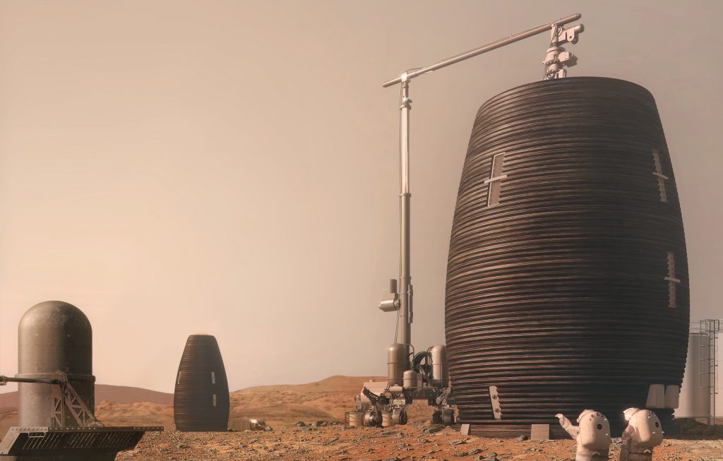 یکی از طرح‌های برگزیده رقابت ناسا برای ساخت اقامتگاه مریخی با چاپ سه‌بعدی. هدف از این رقابت ساخت پرینترهای سه‌بعدی بود که قادر به استفاده از خاک مریخ برای ساخت اقامتگاه‌های انسانی در مریخ باشد. - آشنایی با تکینگی فناوری